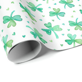 Papel De Regalo Cute acuarela Shamrock and Heart green white