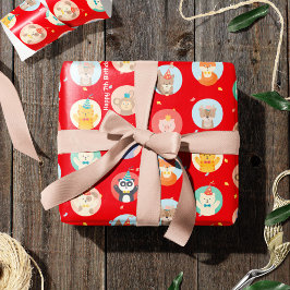 Papel De Regalo Cute Animals in Party Hats Kids Red Happy Birthday