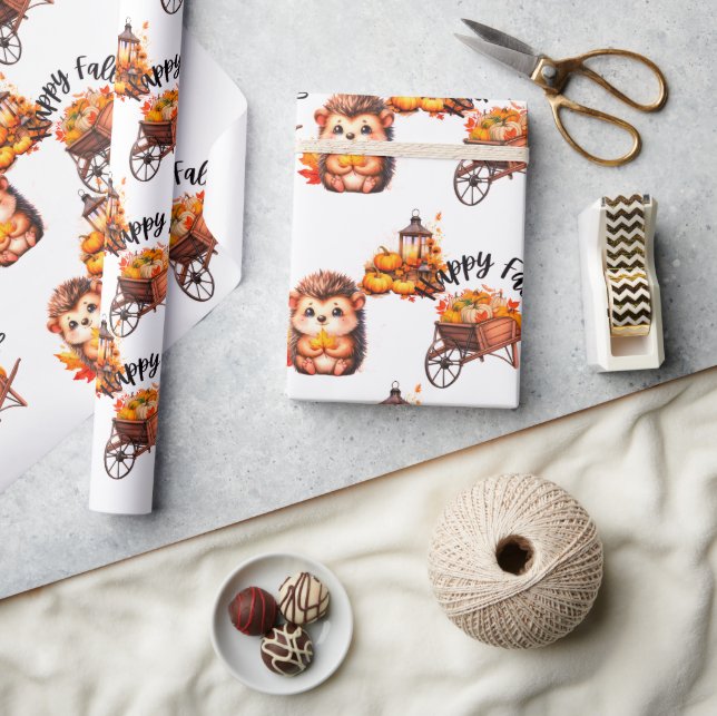 Papel De Regalo Cute Autumn Hedgehog with Harvest Ladder Illustrat (Artesanía)