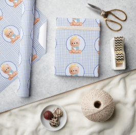 Papel De Regalo Cute Baby Bear Blue Gingham