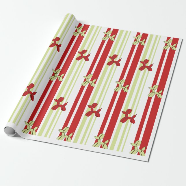 Papel De Regalo Cute Balloon Dog Pattern Red Green Stripe Party  (Desenrollado)