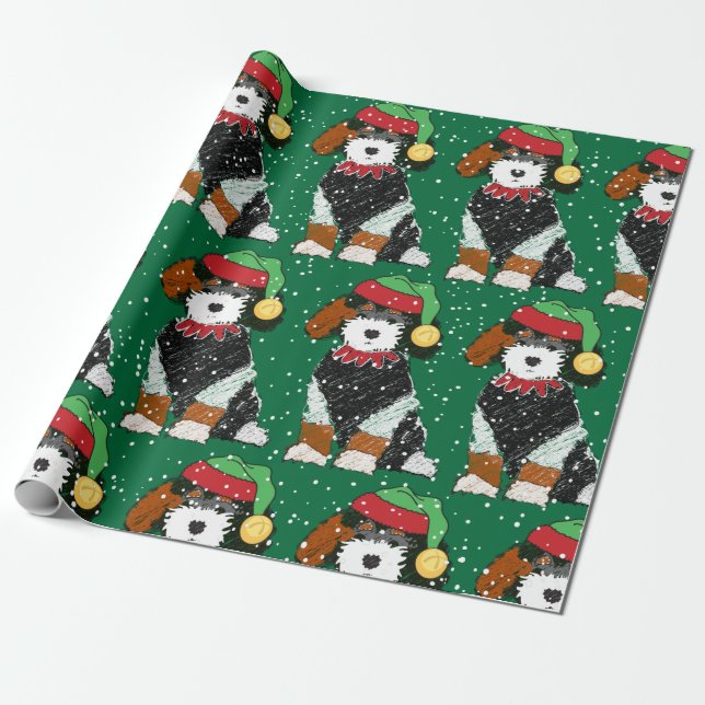 Papel De Regalo Cute Bernedoodle Mountain Dog Green (Desenrollado)