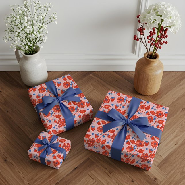 Papel De Regalo Cute Berry Sweet Strawberry Blueberry Baby Shower (Cute Berry Sweet Strawberry Blueberry Baby Shower Wrapping Paper)