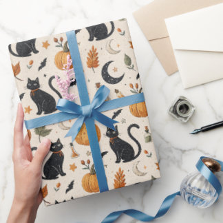 Papel De Regalo Cute Black Cat Halloween, Pumpkin & Moon Gift Wrap