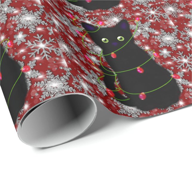 Papel De Regalo Cute black cat Meowy Christmas sparkling snowflake (Esquina del rollo)