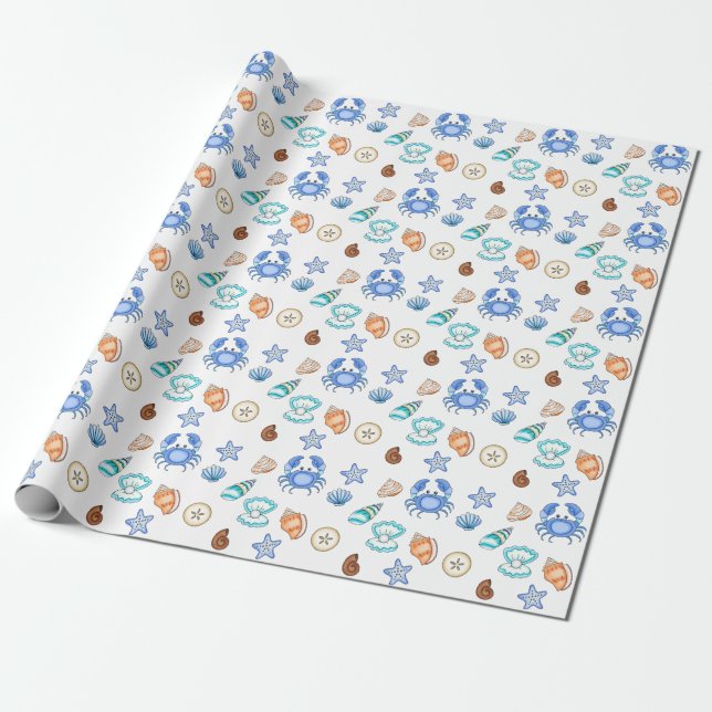 Papel De Regalo Cute Blue Seaside Beach Baby Shower (Desenrollado)