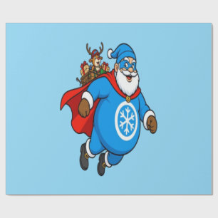 Papel De Regalo Cute Blue Superhéroe Santa Claus Pegatina de Navid