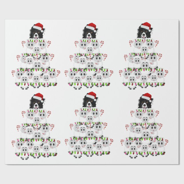 Papel De Regalo Cute Border Collie & Sheep Christmas Tree (Superficie plana)