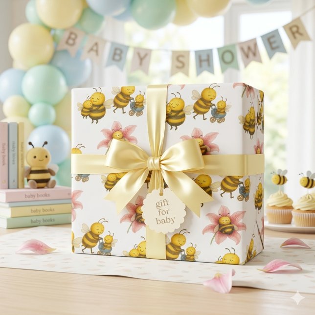 Papel De Regalo Cute Bumblebee Mom & Baby Bee  (cute bumblebees wrapping paper for baby showers and mom to bee gifts )