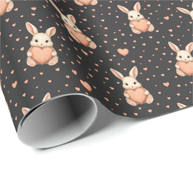 Papel De Regalo Cute Bunny Heart Pattern on Dark Charcoal (Esquina del rollo)