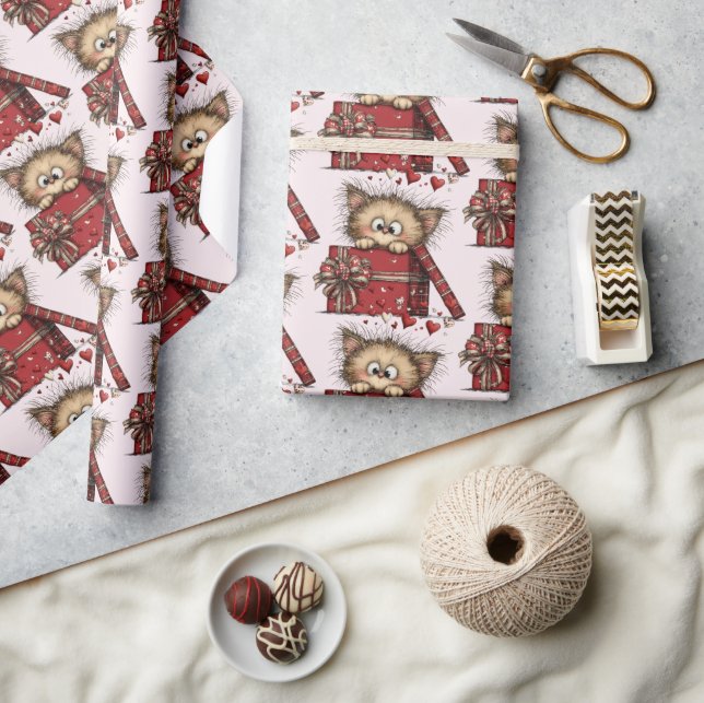 Papel De Regalo Cute Cartoon Kitten in a Box with Hearts Pattern (Artesanía)