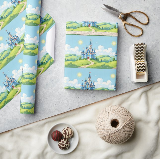 Papel De Regalo Cute castillo azul y blanco (Artesanía)