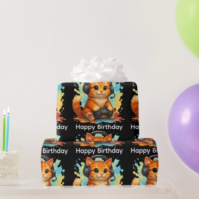Papel De Regalo cute cat gamer birthday gift wrapping paper  (Regalos de fiesta)
