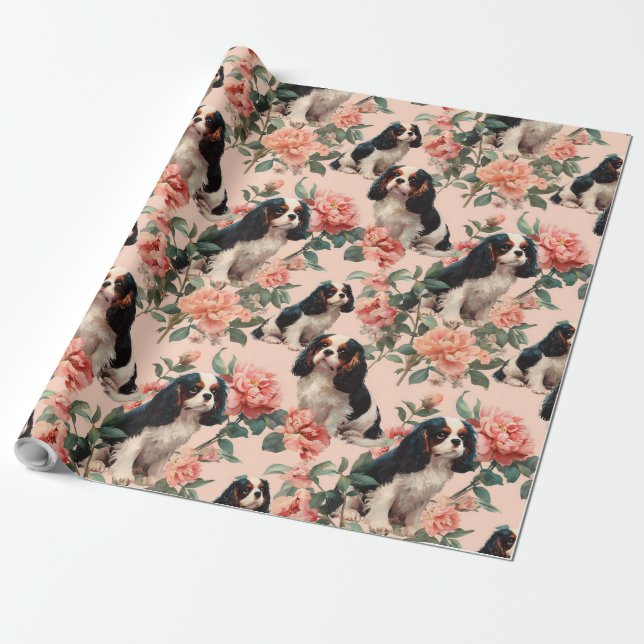 Papel De Regalo Cute Cavalier King Charles Floral Pattern (Desenrollado)