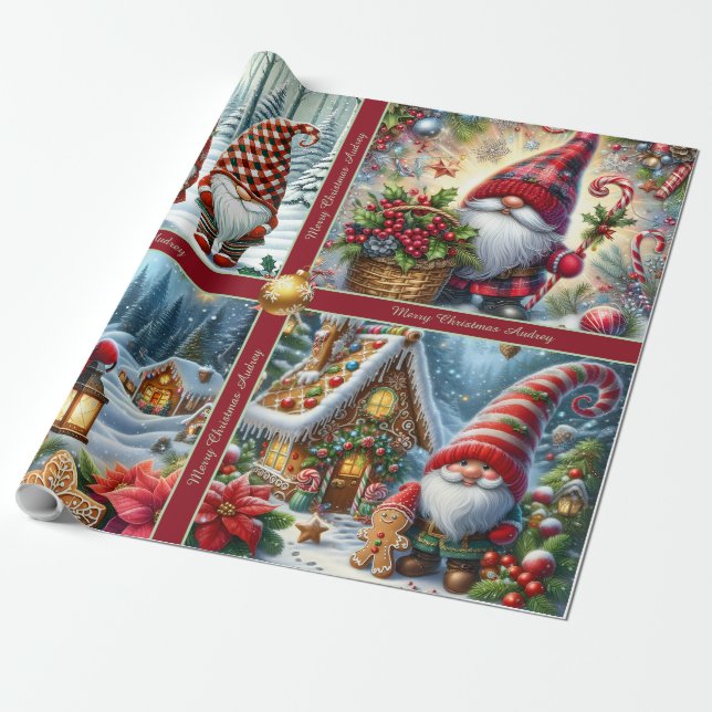Papel De Regalo Cute Christmas Gnomes Wrapping Paper with Text (Desenrollado)