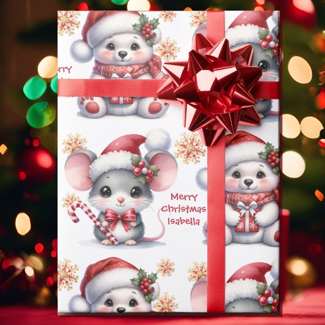 Papel De Regalo Cute Christmas Mouse Bear Personalize Name Kids (Subido por el creador)