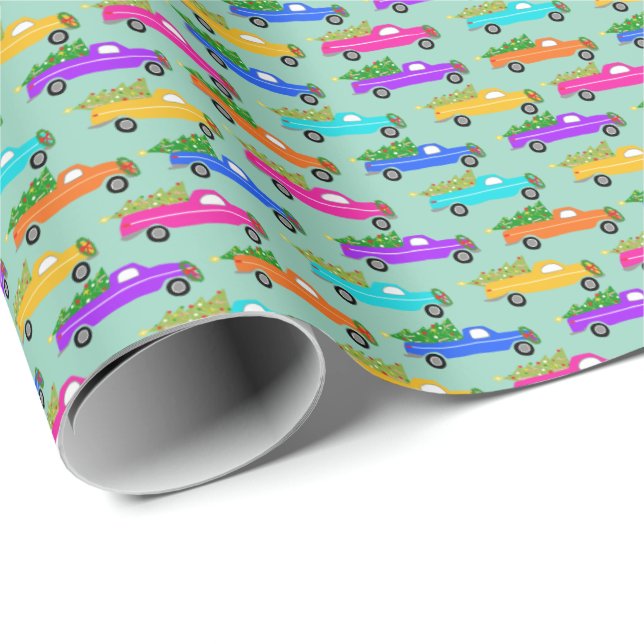 Papel De Regalo Cute Christmas Pickup Trucks Trees Retro Xmas Gift (Esquina del rollo)