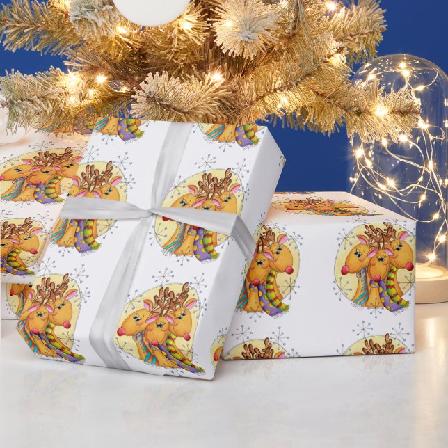 Papel De Regalo Cute Christmas Reindeer Wearing Scarves with Stars (Vacaciones)