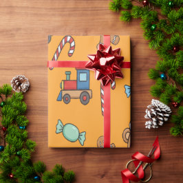 Papel De Regalo Cute Christmas Teddy Bear and Toy Train