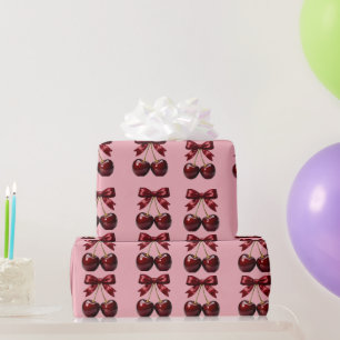 Papel De Regalo Cute Coquette Cereza y Lazos Rojos Envoltura Rosa