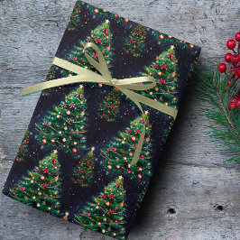 Papel De Regalo Cute Coquette Christmas trees dark navy