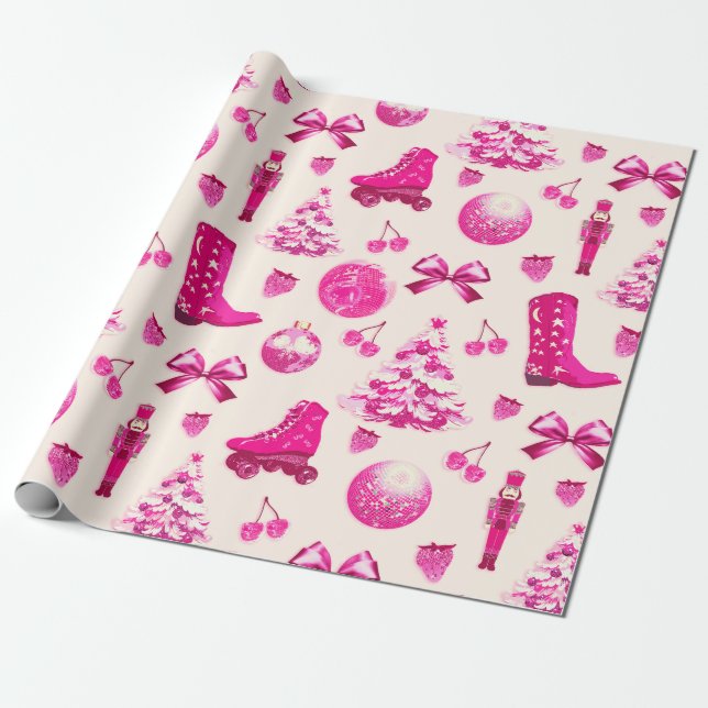Papel De Regalo Cute Coquette Girly Preppy Navidades Rosa (Desenrollado)