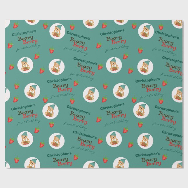 Papel De Regalo Cute Cub Fresas Beary Berry Primer cumpleaños (Superficie plana)