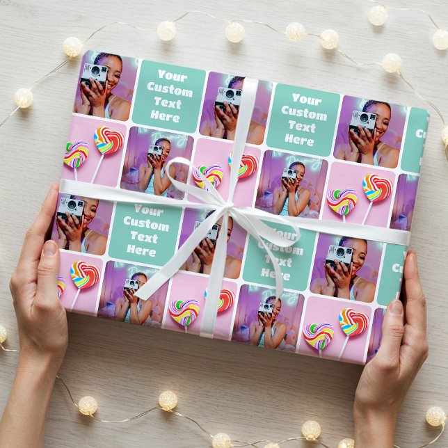 Papel De Regalo Cute Custom 3 Photo Modern Retro Green Pattern (Subido por el creador)