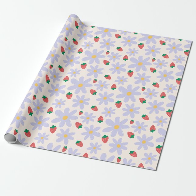 Papel De Regalo Cute Daisy and Strawberry Pattern (Desenrollado)