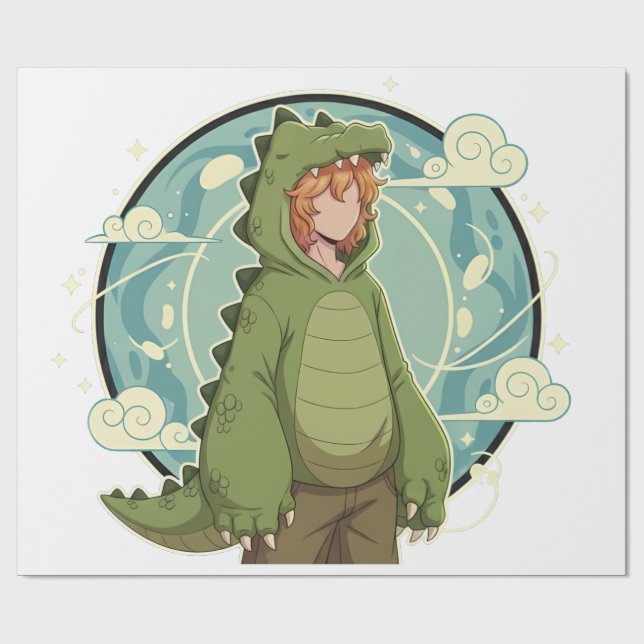 Papel De Regalo Cute Dino Friend Anime Boy - Green Dinosaur (Superficie plana)