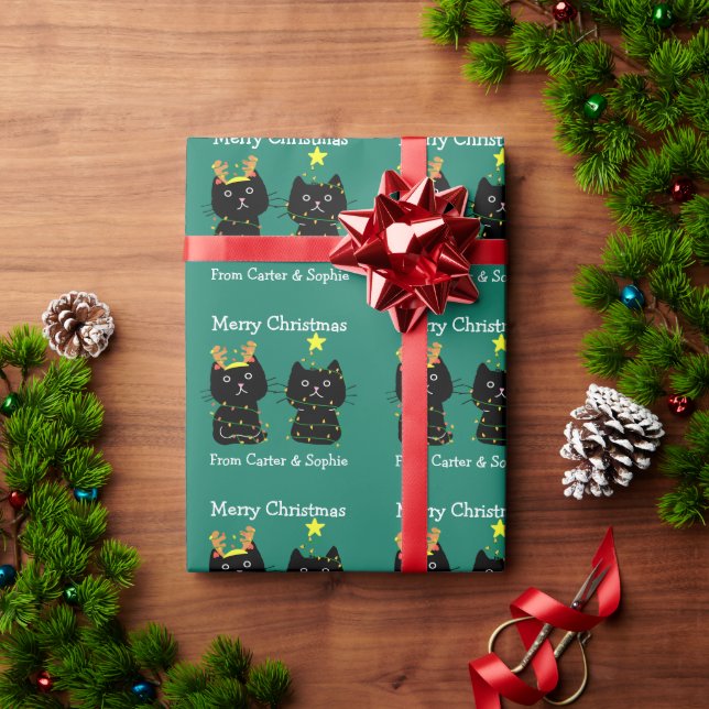 Papel De Regalo Cute dos gatos Merry navidad luces personalizadas (Regalo de vacaciones)