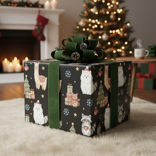 Papel De Regalo Cute Festive Woodland Animals & Llama Christmas (Wrap your gifts in cozy, adorable cheer.)