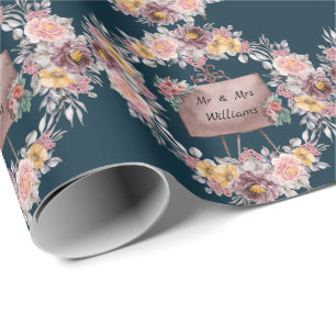 Papel De Regalo Cute Floral Mr. Y Mrs. Boda Navy Blue