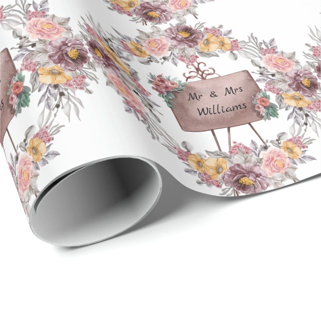 Papel De Regalo Cute Floral Mr. Y Mrs. Boda White (Esquina del rollo)