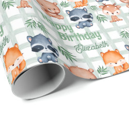 Papel De Regalo Cute Forest Animal Mint Checkered Kids Cumpleaños