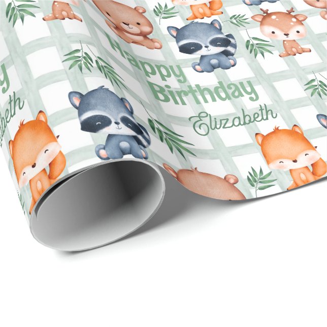 Papel De Regalo Cute Forest Animal Mint Checkered Kids Cumpleaños (Esquina del rollo)