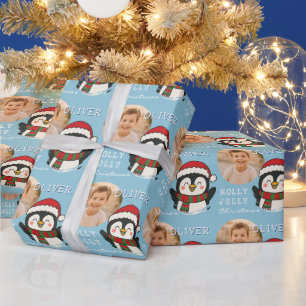 Papel De Regalo Cute Foto Personalizada de Pingüino de Navidad