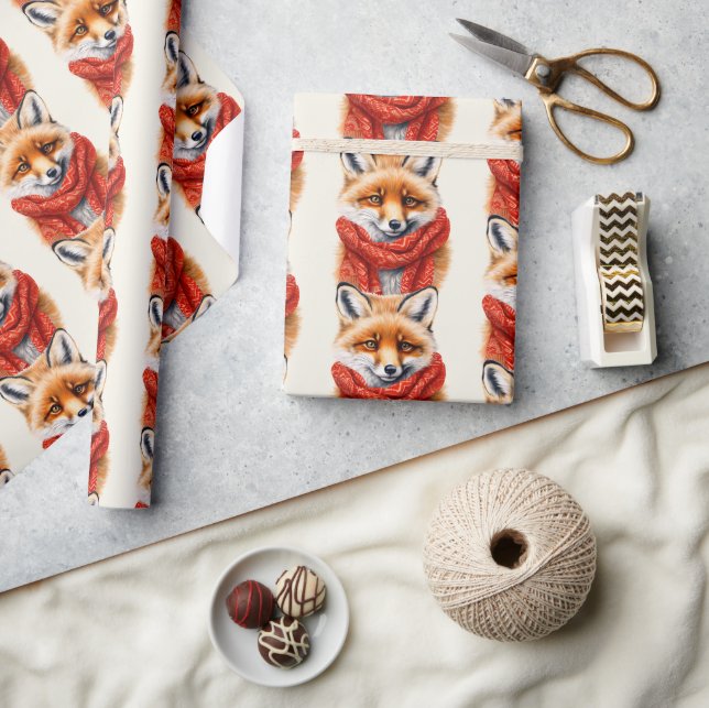 Papel De Regalo Cute Fox in a Red Scarf Autumn Pattern (Artesanía)