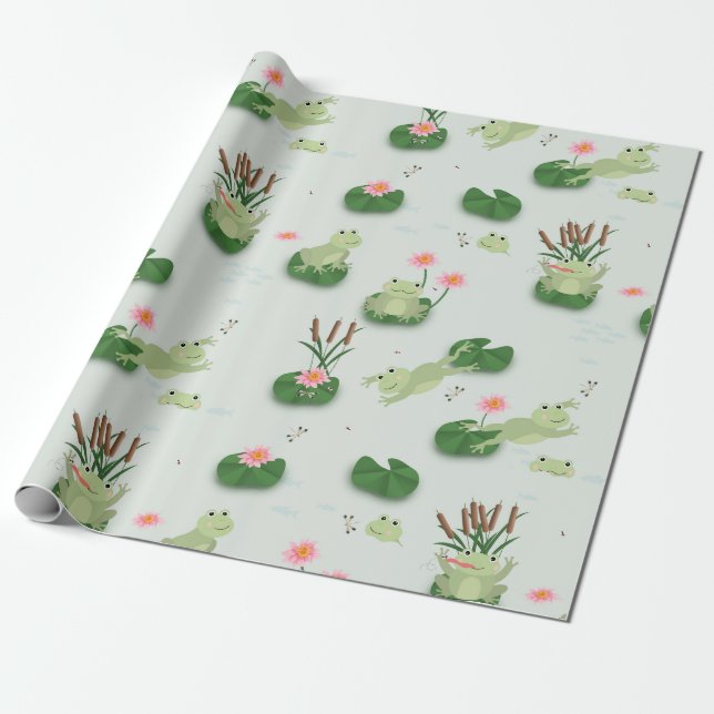 Papel De Regalo Cute Frogs in Lily Pond (Desenrollado)