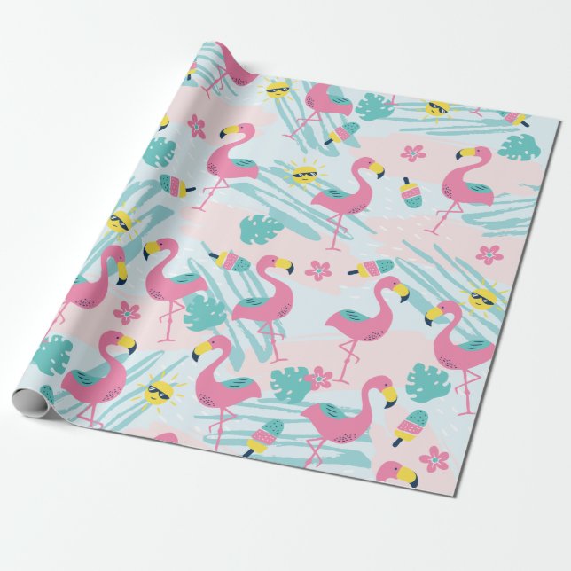 Papel De Regalo Cute Funny Flamingo Mint Verde Patrón Tropical (Desenrollado)