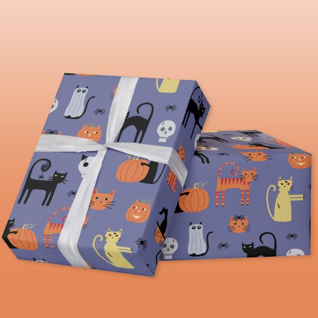 Papel De Regalo Cute gato Halloween Spooky Purple (Halloween cat purple wrapping paper roll)