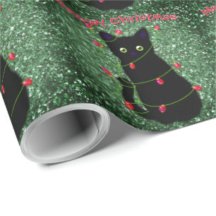 Papel De Regalo Cute gato negro Navidades Meowy luces de trineo