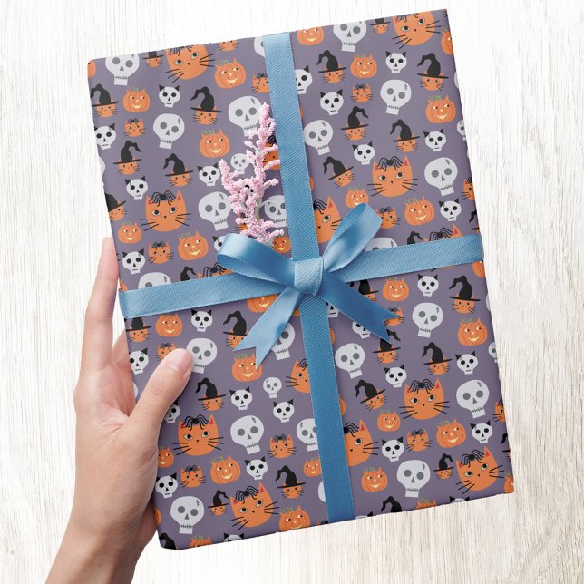 Papel De Regalo Cute gatos y cráneos de Halloween con fantasía (Halloween cats and skulls fun gift wrap paper roll)