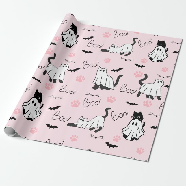 Papel De Regalo Cute Ghost Cats Halloween (Desenrollado)