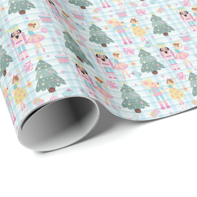 Papel De Regalo Cute Gingham Navidades Rosados Nutcracker Ballerin (Esquina del rollo)