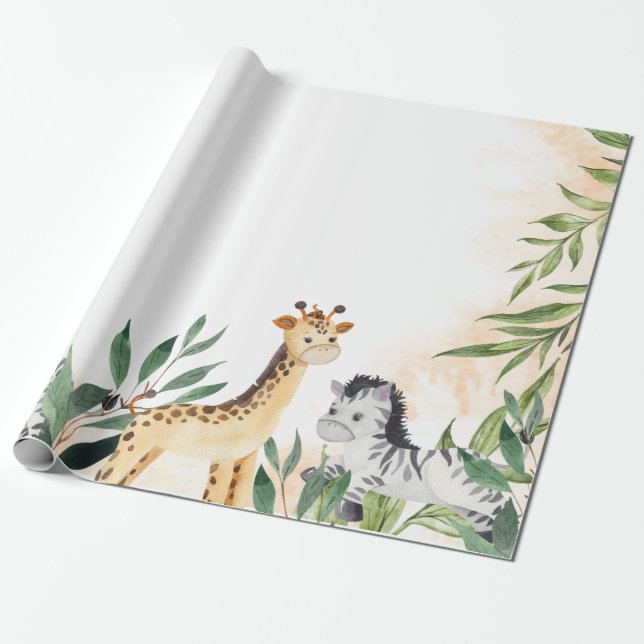 Papel De Regalo Cute Giraffe, Zebra deja Baby Shower (Desenrollado)