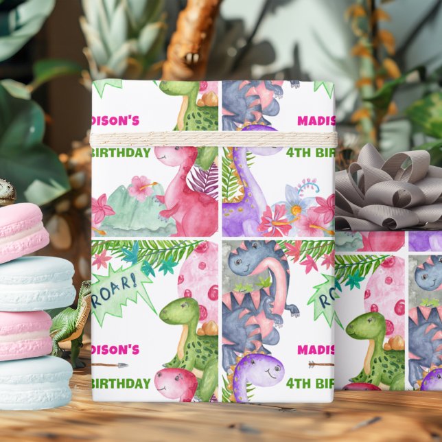 Papel De Regalo Cute Girl Dinosaur 4th Birthday Party (Subido por el creador)