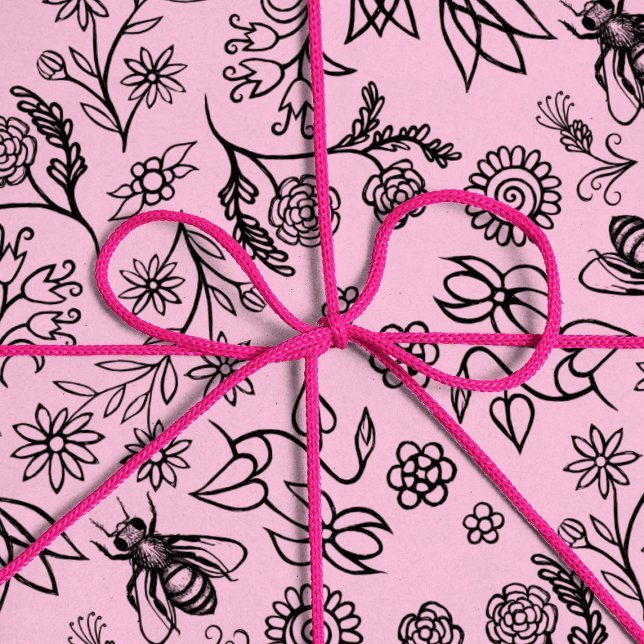 Papel De Regalo Cute Girly Abejas Patrón Floral Pastel Rosa (Subido por el creador)