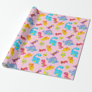Papel De Regalo Cute Girly colorido tema de los dinosaurios rosado