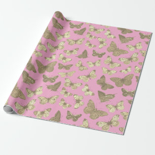 Papel De Regalo Cute Girly Golden Beige Patrón de Mariposa Rosa
